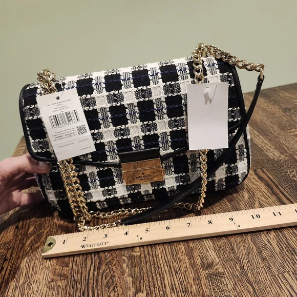 NWT Kate Spade Black, White, Blue Carey Checked Tweed Medium Shoulder Bag Chain - Picture 12 of 15